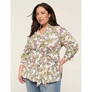 Lane Bryant Belted Button Up Cotton Tunic Bright Butterfly Floral 16 Spring